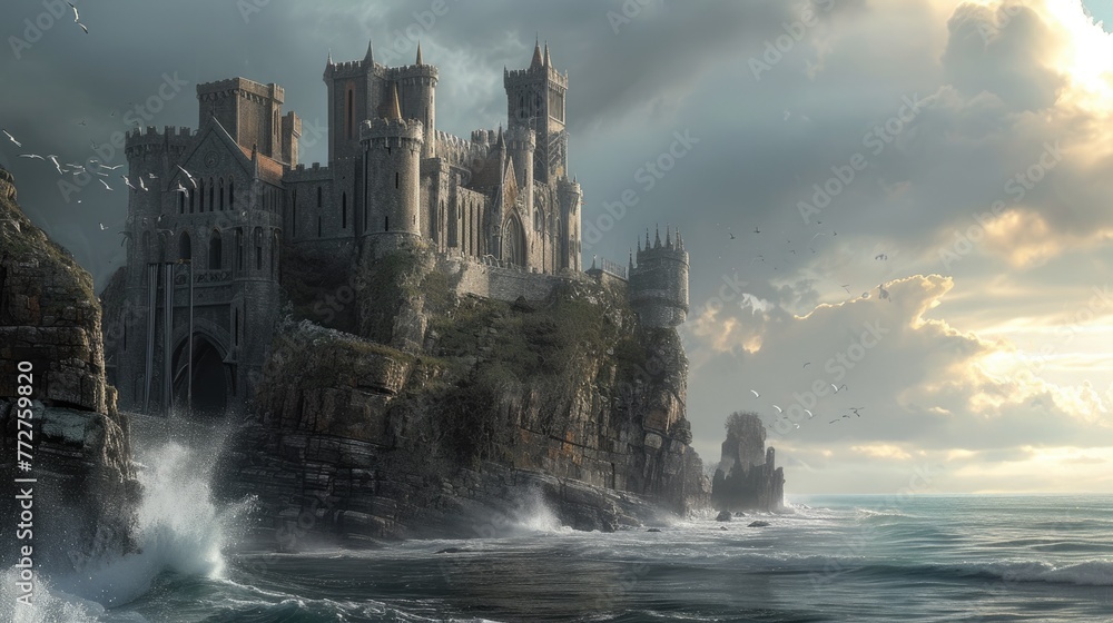 A historic medieval castle on a cliff, ocean waves crashing below, dramatic sky, knights and horses, period architecture. Resplendent. - obrazy, fototapety, plakaty 
