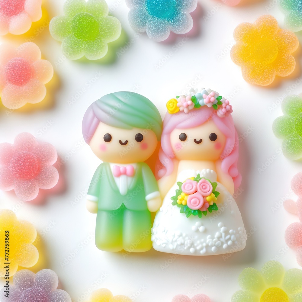a cute wedding couple made of pastel color rainbow gummy candy with flowers around on a white background