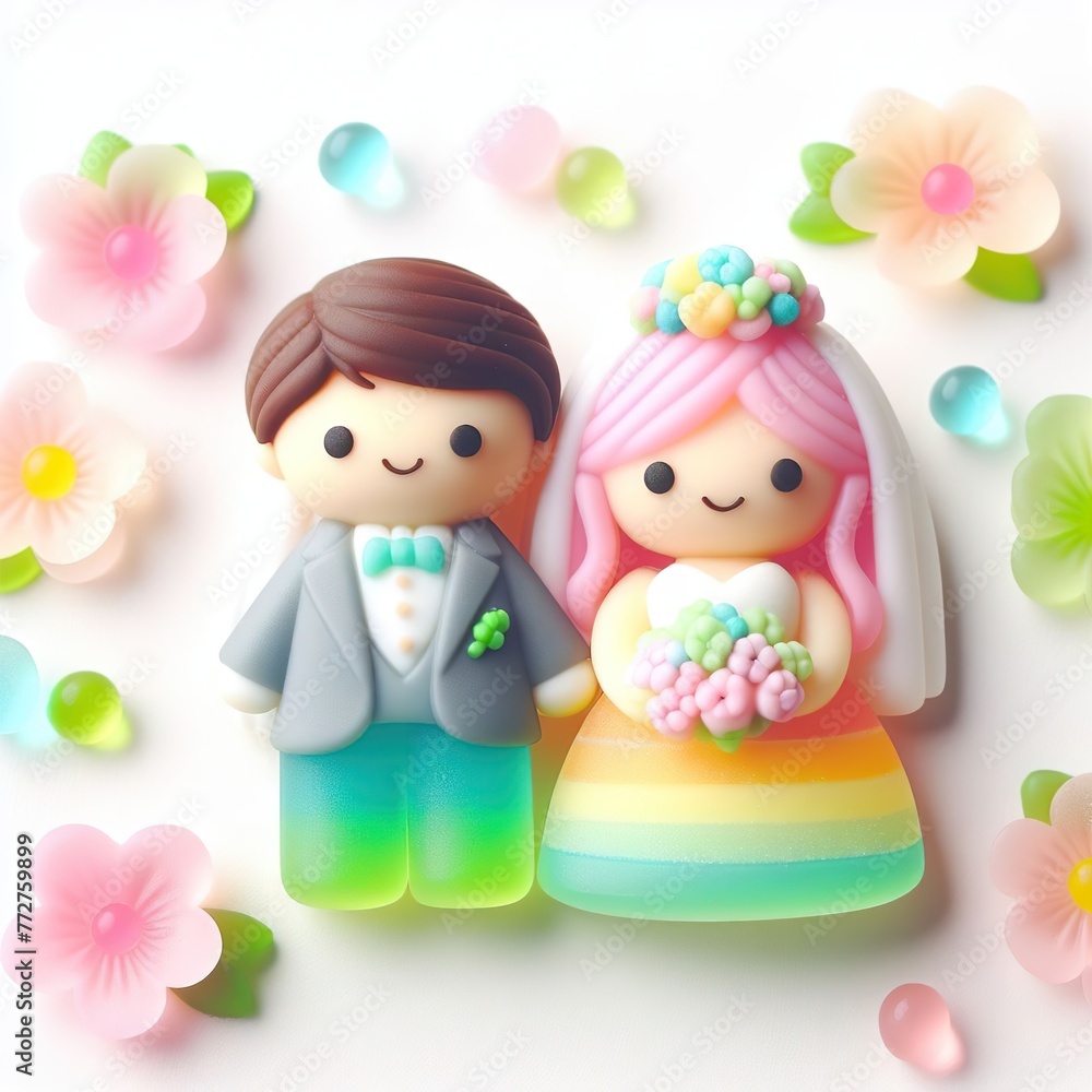 a cute wedding couple made of pastel color rainbow gummy candy with flowers around on a white background