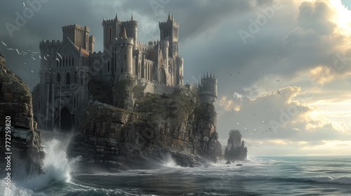 A historic medieval castle on a cliff, ocean waves crashing below, dramatic sky, knights and horses, period architecture. Resplendent. © Summit Art Creations