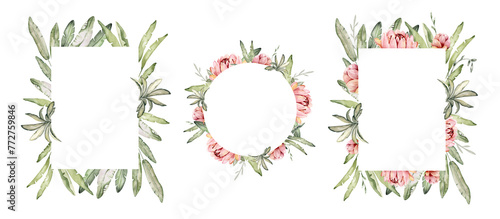 Hand-painted frame watercolor design elements. Floral tropical leaves motifs. Watercolor set of wreaths and laurels. Frame set.