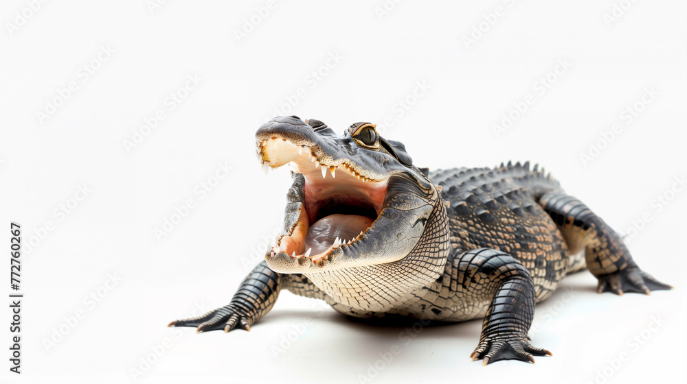 Obraz premium 口を大きく開けるワニの全身像。バナー背景、コピースペース、壁紙