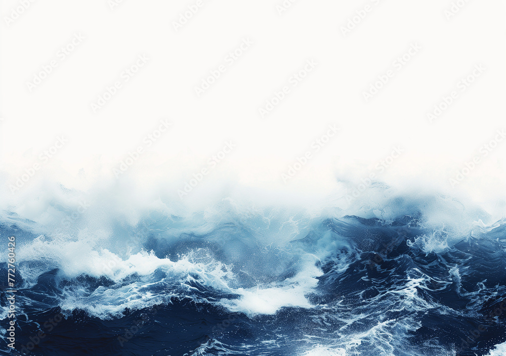 Obraz premium A vast expanse of white space is broken by the striking presence of a large stormy sea wave, dominating the scene with its turbulent energy. The deep blue hues of the wave contrast sharply against th