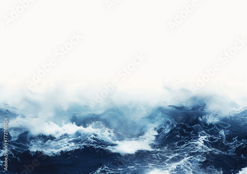A vast expanse of white space is broken by the striking presence of a large stormy sea wave, dominating the scene with its turbulent energy. The deep blue hues of the wave contrast sharply against th