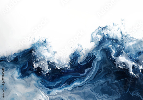 A lone wave breaks the stillness of a white void, its churning depths swirling with shades of deep blue. The wave's frothy crest curls and crashes with chaotic energy, symbolizing the eternal dance be © Teerasak