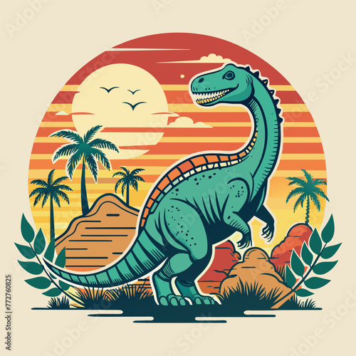 Dinosaur on the background of the sun and tree. Vector illustration.