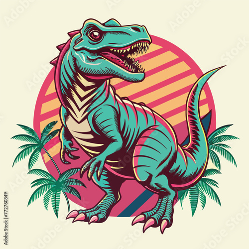 Tyrannosaurus rex dinosaur with palm trees. Vector illustration