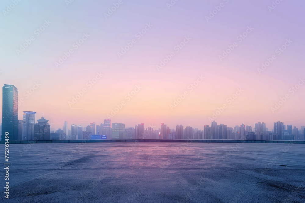An empty city skyline at sunrise, with the first light of dawn painting the horizon in soft pastel colors, and the promise of a new day dawning over the silent urban landscape, Generative AI - obrazy, fototapety, plakaty 