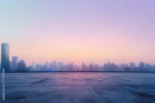 An empty city skyline at sunrise, with the first light of dawn painting the horizon in soft pastel colors, and the promise of a new day dawning over the silent urban landscape, Generative AI