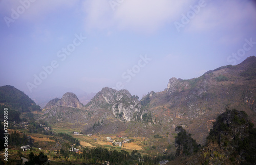 Local houses of Ha Giang in the middle of the valley surrounded by mountains