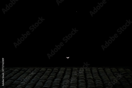 Early moon in pitch dark sky on top of a scale roof