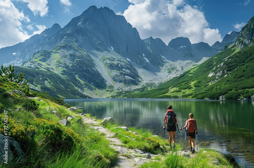 Tatra Mountains summer hiking with friends, two women in colorful and backpacks walking along the path among green grass on a high mountain background