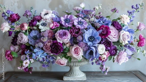   A vase brimming with numerous purples and pinks perched atop a wooden table against a backdrop of wall