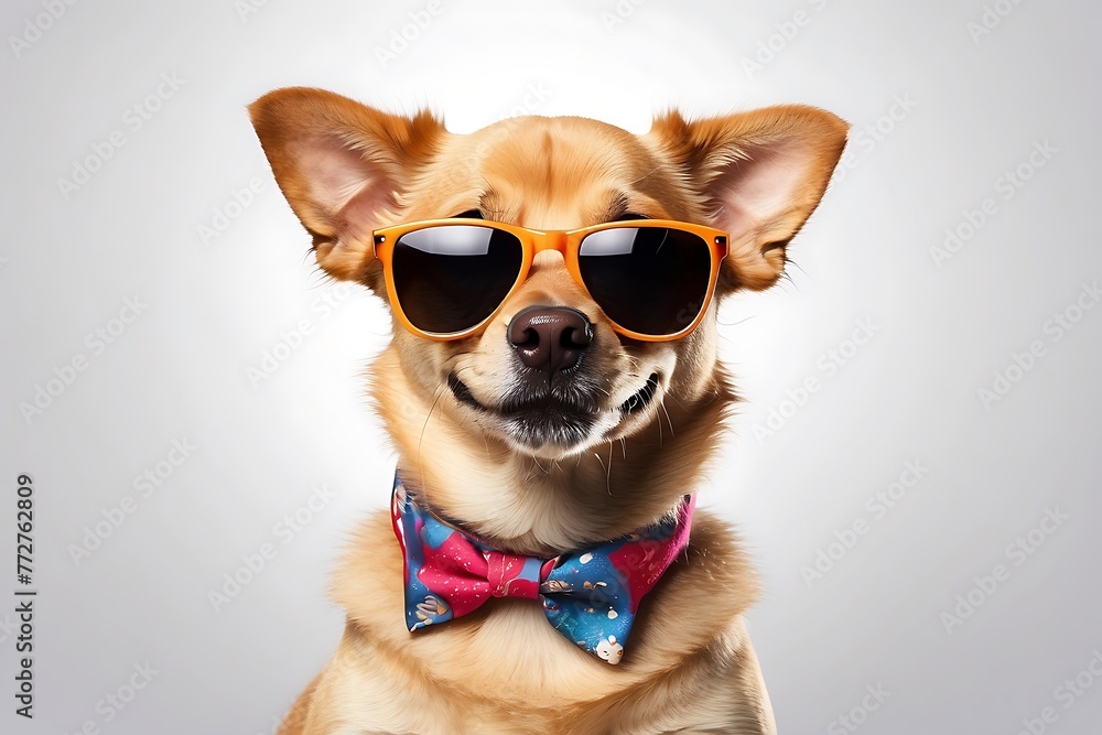 Funny dog with sunglasses and bow tie isolated on white background.