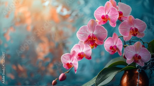   A clear vase with pink orchids on a windowsill amidst a sharp background
