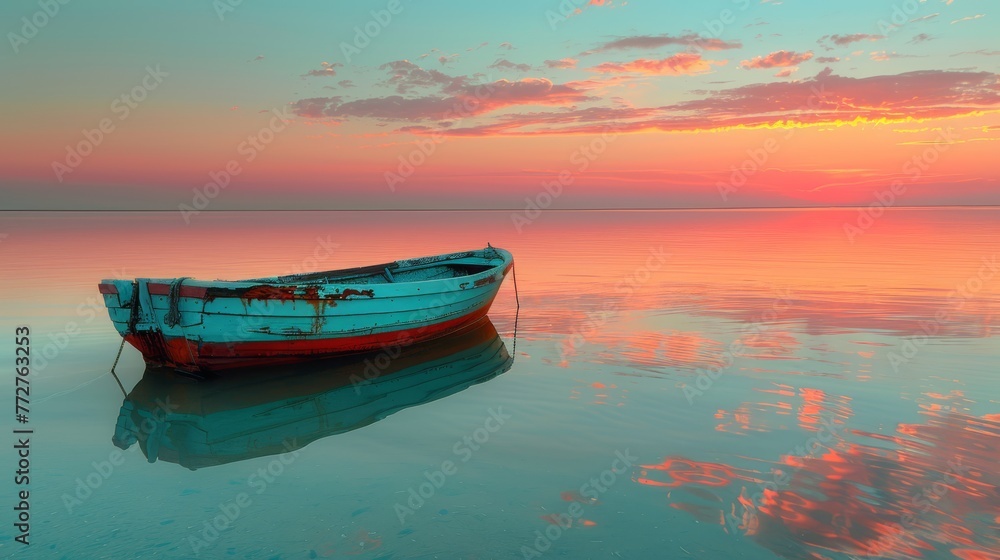   A boat floats on a body of water beneath a cloudy blue-pink sky, with the sun setting in the distance