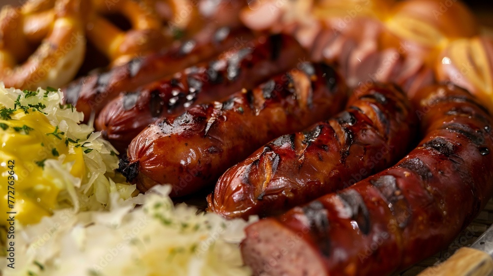 A flavorful platter of BBQ smoked sausage, featuring juicy smoked sausages grilled until crispy and served with sauerkraut, mustard, and soft pretzels for a hearty and satisfying meal. A flavorful platter of BBQ smoked sausage, featuring juicy smoked sausages grilled until crispy and served with sauerkraut, mustard, and soft pretzels for a hearty and satisfying meal.