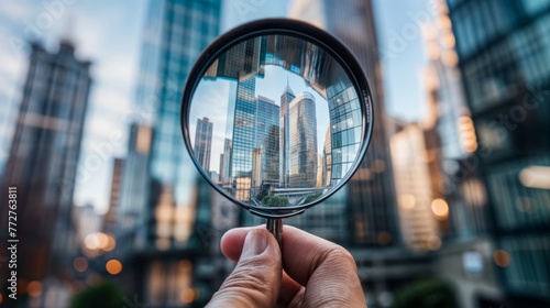 Magnifying glass in hand on the background of skyscrapers.