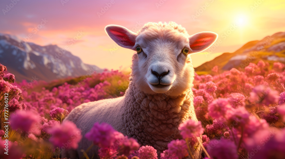 Fototapeta premium Cute, beautiful sheep in a field with flowers in nature, in sunny pink rays.
