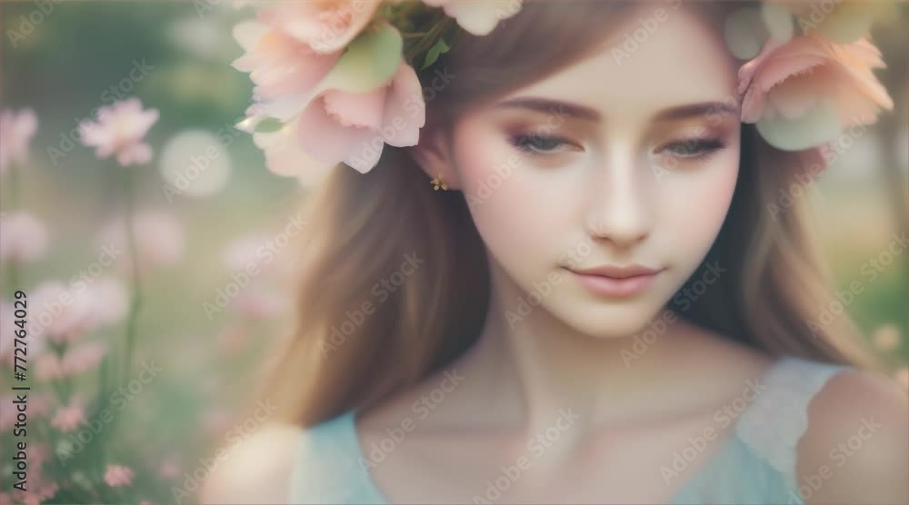 Serene Woman in Flower Crown Posing at Blooming Garden During Springtime Serene Woman in Flower Crown Posing at Blooming Garden During Springtime