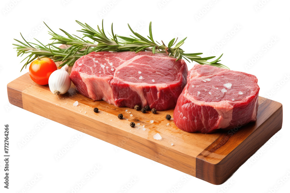 Sizzling Steaks: Culinary Delight on Cutting Board. On a Clear PNG or White Background.