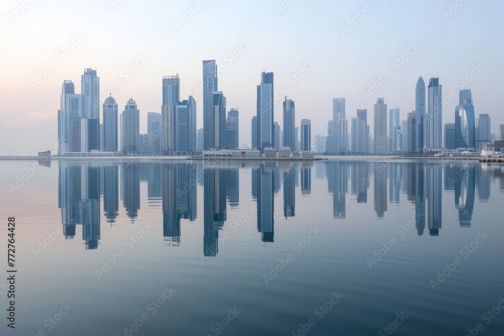 An uninhabited city skyline reflected in the calm waters of a deserted harbor, creating a surreal mirror image of empty streets and silent skyscrapers, Generative AI