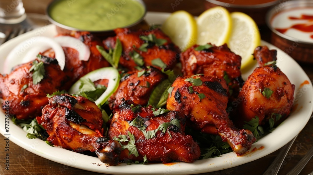 A flavorful platter of tandoori chicken, showcasing marinated chicken pieces roasted in a clay oven until tender and charred, served with mint chutney, sliced onions, and lemon wedges. A flavorful platter of tandoori chicken, showcasing marinated chicken pieces roasted in a clay oven until tender and charred, served with mint chutney, sliced onions, and lemon wedges.