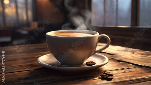A steaming cup of delicious hot coffee sits on a rustic wooden table