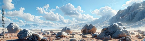 Big rock chunks scattered on dry land, random desert mountain, fantasy, photorealistic image ,super realistic,clean sharp focus photo