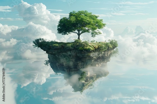 Photorealistic image of a floating island, random dreamlike perspectives, bright sky background ,3DCG,clean sharp focus © Oranuch