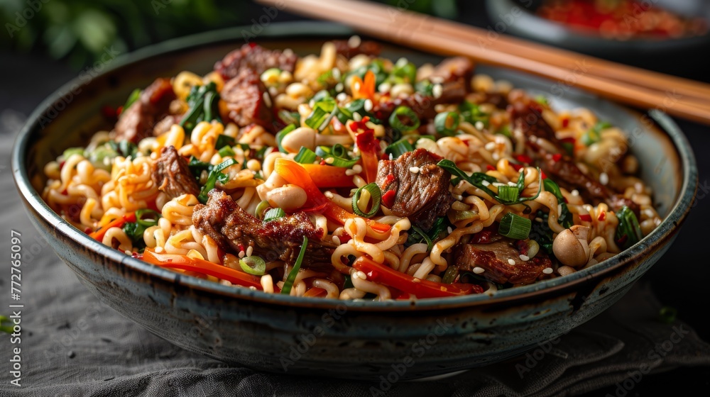 A close-up of a bowl of food with chopsticks in the background and a bowl of noodles in the foreground A close-up of a bowl of food with chopsticks in the background and a bowl of noodles in the foreground