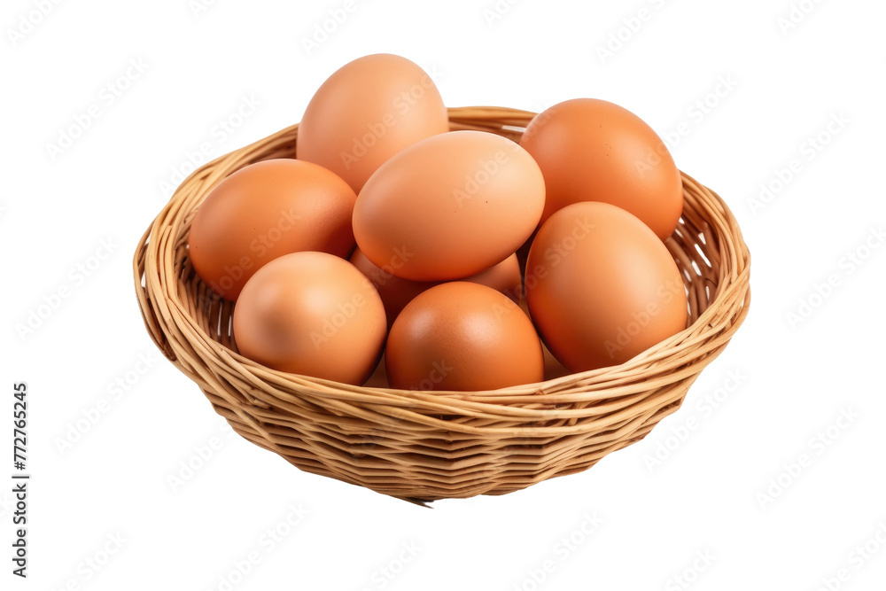 A Delicate Ballet: A Basket of Fresh Eggs on a Pure White Canvas. On a Clear PNG or White Background. A Delicate Ballet: A Basket of Fresh Eggs on a Pure White Canvas. On a Clear PNG or White Background.