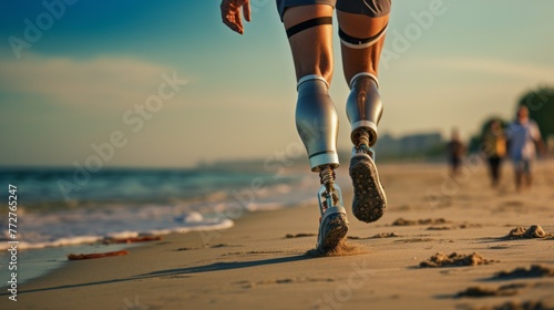 A man with prosthetic legs runs on the beach photo