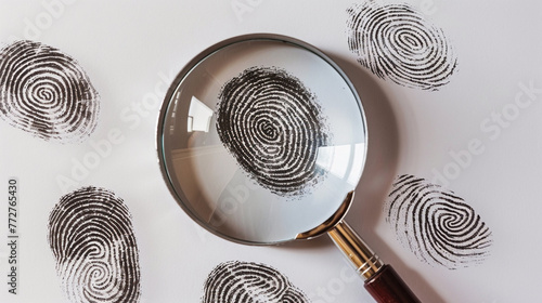 Fingerprints and a magnifying glass on a white background