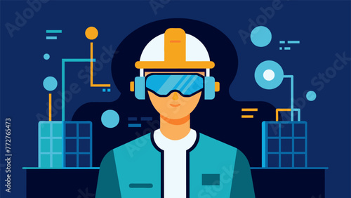 Closeup of a virtual reality headset being worn by an engineer simulating the experience of controlling and manipulating a digital twin of a
