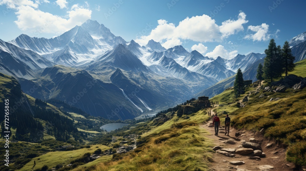 A group hiking in a beautiful mountain range