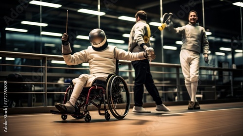 A man in a wheelchair is playing fencing with two other people photo