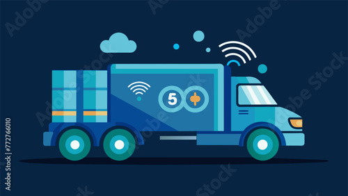 Closeup of a driverless electric truck carrying a load of materials with a glowing 5G icon denoting the constant flow of realtime data between