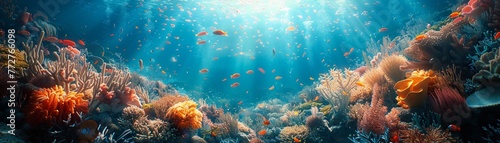 Dreamlike perspective of an underwater city, photorealistic image, bright aquatic background ,3DCG,high resulution