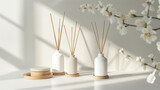 An array of three modern reed diffusers on a clean surface with blooming orchids accentuating a simple style with a blank label