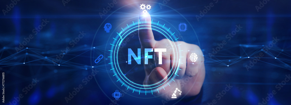 Obraz premium NFT Non-fungible token digital crypto on virtual screen.