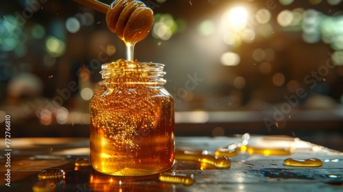 Honey dripping from a wooden honey dipper into a glass jar on a blurred background © pixcel3d