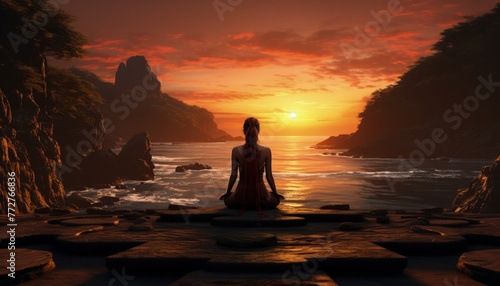 A person practicing yoga at sunrise on the beach