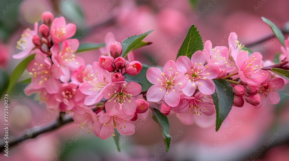   A branch of a tree with pink flowers and green leaves in the foreground, surrounded by a blurry background of pink flowers and green leaves