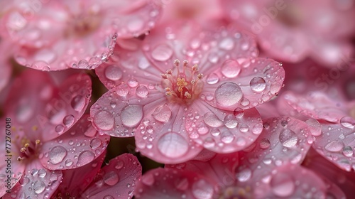  A close-up of a pink flower with droplets of water on its petals, surrounded by smaller droplets at the center