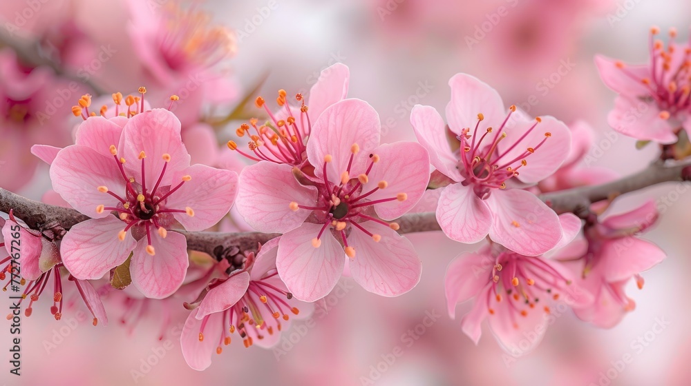   A tree branch with many pink flowers in focus against a blurred background