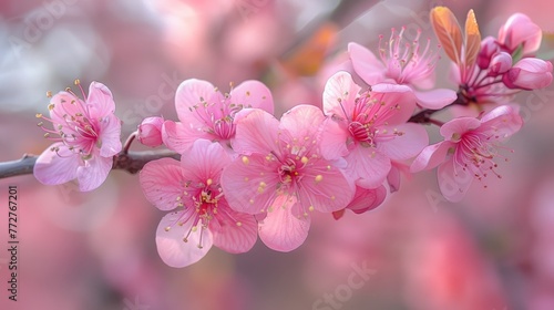  A close-up of a pink flower on a tree branch surrounded by pink flowers in the foreground, with a slightly blurry background