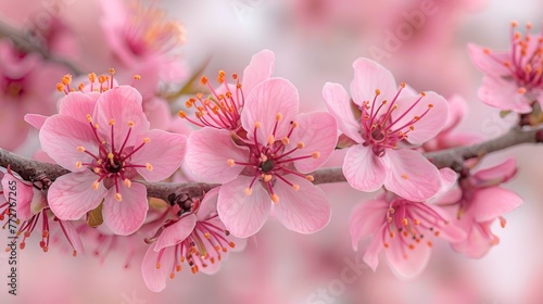 A tree branch with many pink flowers in focus against a blurred background