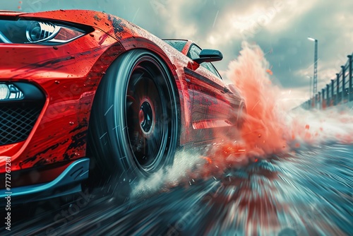 Dynamic sport car drifting, intense tire burn on race circuit photo