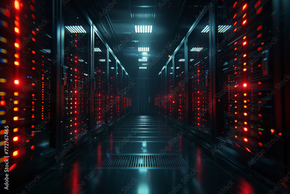 Modern server racks in dark data center room, enhanced by dramatic VFX Modern server racks in dark data center room, enhanced by dramatic VFX